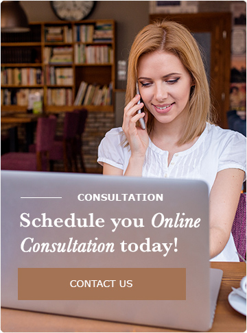 A woman on a laptop with the text schedule your online consultation today.